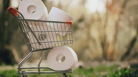 Toilettenpapierrollen in einem Einkaufswagen