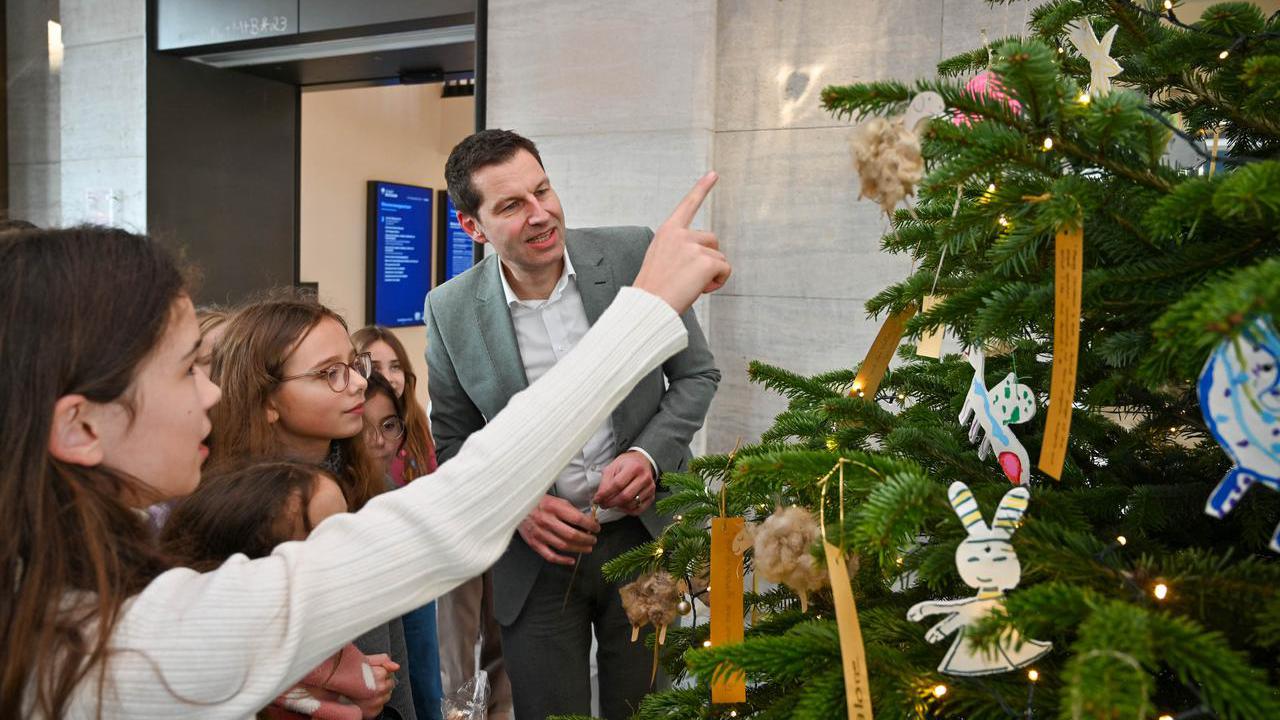 Wünsche und selbstgebastelter Schmuck hängen am RathausWeihnachtsbaum