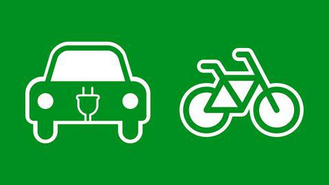 Weiße Icons E-Auto und Fahrrad auf grünem Hintergrund, als Symbol für klimafreundliche Mobilität stehend