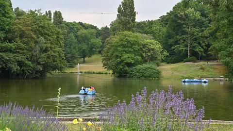 Blick auf den Teich mit Tretboten.