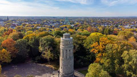 Luftbild mit Blick auf den Bismarckturms mit Platz und den Park.