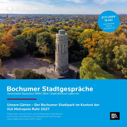 Plakat zum Bochumer Stadtgespräch mit Schrägluftbild des Stadtparks im Herbst, im Vordergrund ist der Bismarckturm zu erkennen