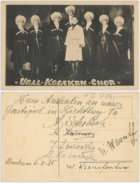 Postkarte „Ural-Kosaken-Chor“, Vorder- und Rückseite